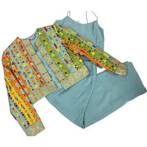 3 PC 80s VTG Carlisle Silk Pant Suit Yellow Geo Jacket +Blue/Green Pants Top S